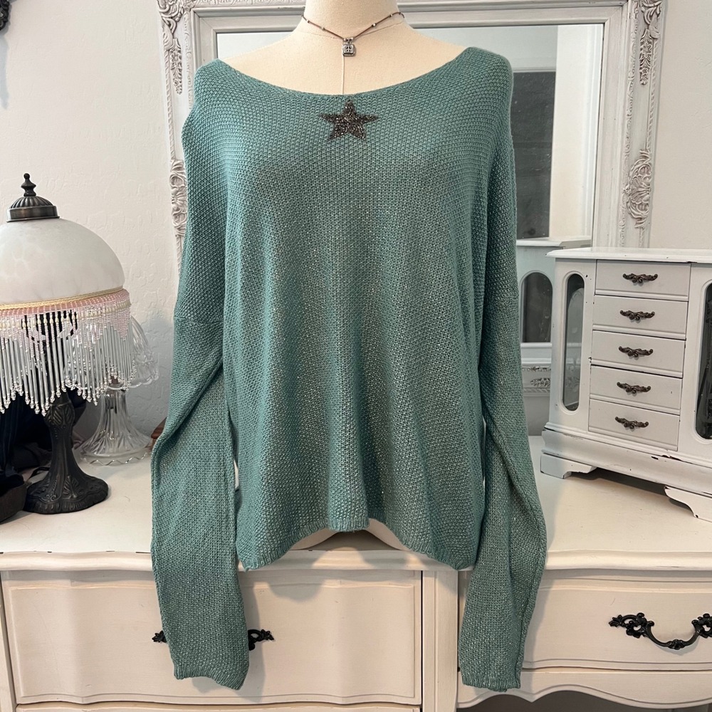 vintage turquoise iridescent fairy mermaid knit long sleeve top with beaded star - Picture 2 of 5